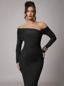 Silquee Women Plus Size Elegant Solid Color Long Sleeve Casual/Party Dress, Collared, Asymmetrical Shoulder, Ruched Details, Coffee Brown, Autumn/Winter,Bohemia