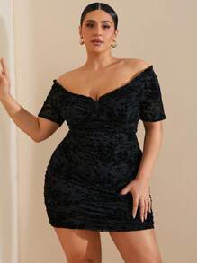 SHEIN BAE 大码女式黑色植绒网眼褶饰迷你连衣裙，性感紧身针织连衣裙，法式鸡尾酒会礼服，优雅简约的正式礼服，适合生日、伴娘、婚礼、派对 - 黑色 - 查看 5