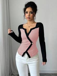 Elenzga Damen modisches, elegantes und lässiges Langarm T-Shirt mit Raglan-Schulter, farblich abgesetztem Rundhalsausschnitt, taillierter A-Linien-Saum, asymmetrischer Saum mit vorgetäuschter Knopfleiste, hergestellt aus strukturiertem khakifarbenem, apricotfarbenem und schwarzem Strickstoff