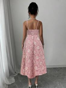 Elenzga Bohemian Texture Floral Print Camisole A-Line Peach Dress, Suitable For Spring & Summer Vacation - Pink - View 2