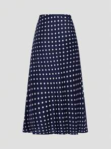 SHEIN Privé 女士优雅圆点缎面半身裙，适合通勤 - 藏蓝色 - 查看 2