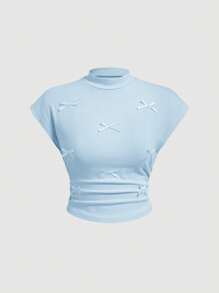 SHEIN MOD Plus Size Fitted Bowknot Short Sleeve T-Shirt - Blue - View 1