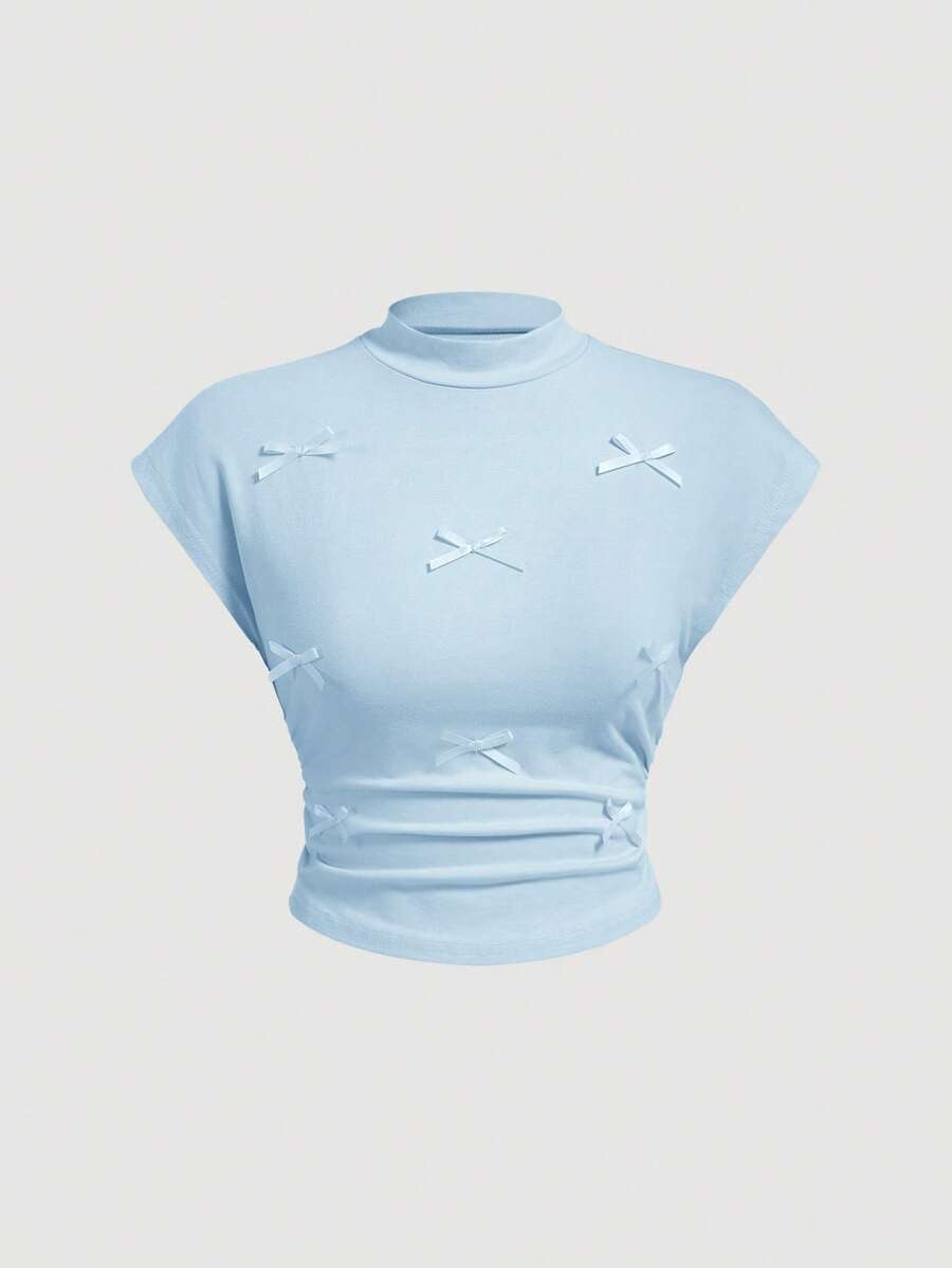 SHEIN MOD Plus Size Fitted Bowknot Short Sleeve T-Shirt - Blue - View 1