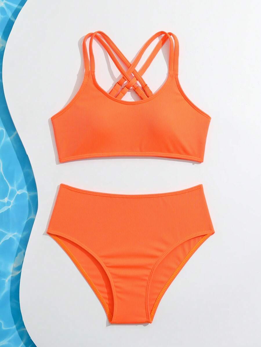 SHEIN Conjunto de bikini con espalda con recorte para adolescentes - Naranja - Ver 1