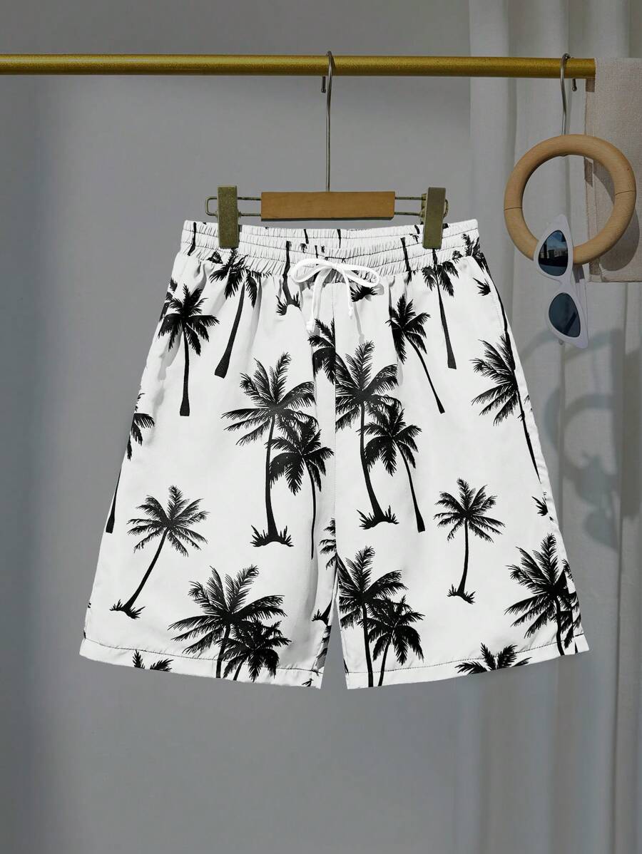 Teen Boy Palm Tree Print Beach Vacation Shorts - White - View 1