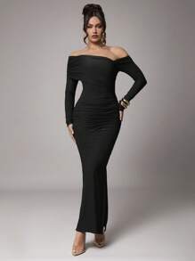 Silquee Women Plus Size Elegant Solid Color Long Sleeve Casual/Party Dress, Collared, Asymmetrical Shoulder, Ruched Details, Coffee Brown, Autumn/Winter,Bohemia