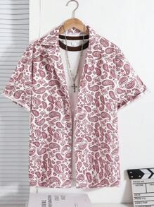 亲子装复古佩斯利印花 Polo 领男士短袖休闲衬衫，时尚街头风设计，适合春夏出游、家庭聚会、度假 - 紅白色 - 查看 1