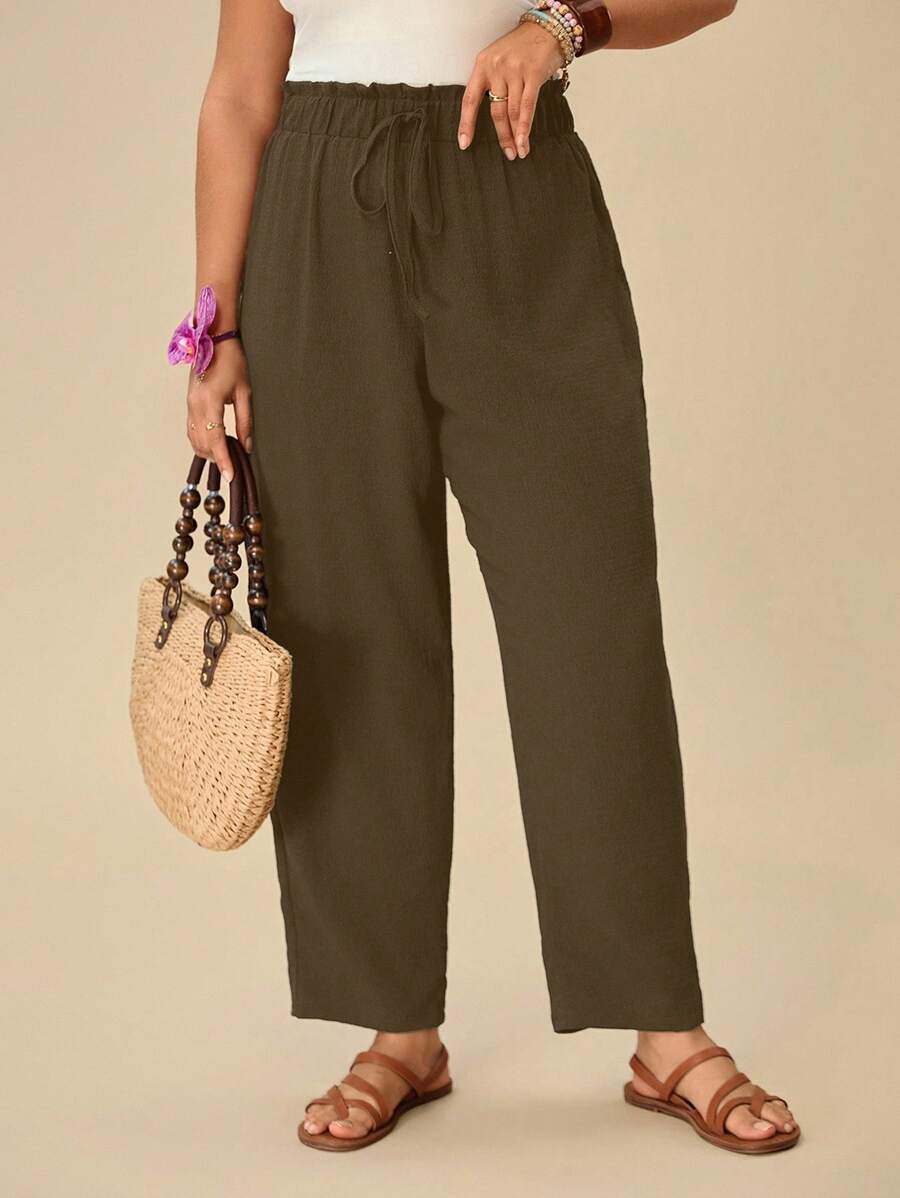 Travachic 大码休闲纯色锥形裤 - 駝色 - 查看 1