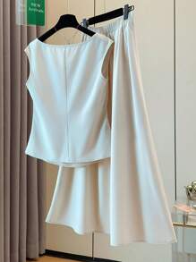 Franclia Bộ 2 áo sơ mi rộng rãi màu trơn và chân váy maxi cho nữ, trang phục mùa hè thanh lịch - Màu be - Xem 2