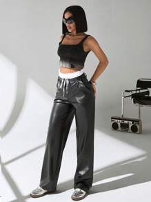 Women Solid Color PU High Waist Wide Leg Pants - Black - View 3