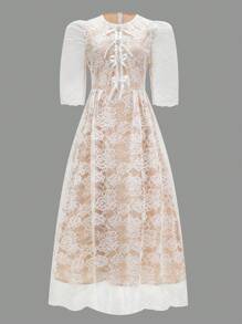 Modelyn Vestido elegante con cuello redondo, lazo frontal y decoración de encaje, de moda para primavera/verano