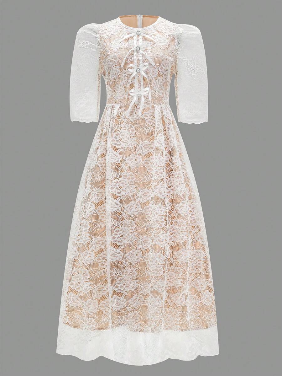 Modelyn Round Neck Front Bow Lace Decor Elegant Dress, Fashionable For Spring/Summer - Multicolor - View 1