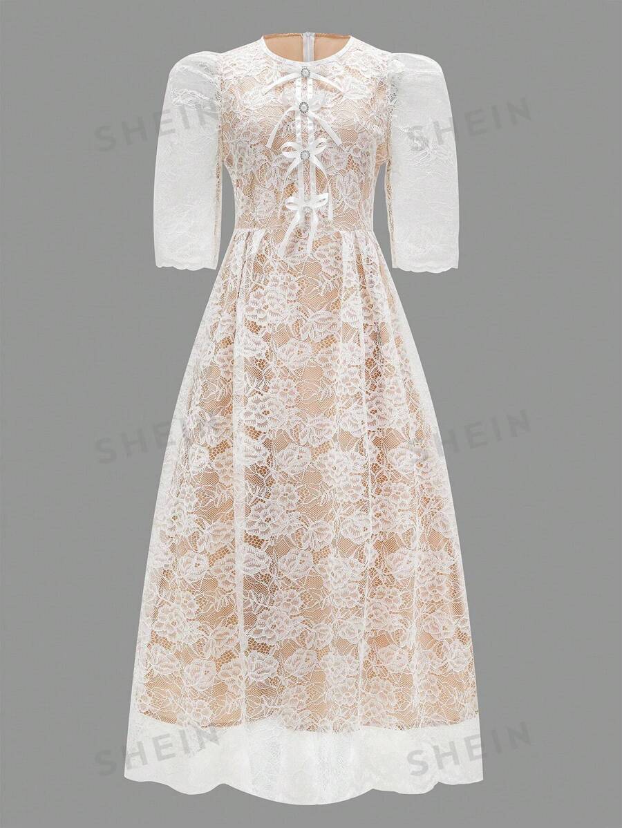 Modelyn Vestido elegante con cuello redondo, lazo frontal y decoración de encaje, de moda para primavera/verano