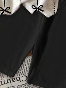 SHEIN Leap Crew 可爱条纹和蝴蝶结印花，青少年女孩休闲简约短袖 T 恤和短裤两件套，夏季 - 彩色 - 查看 6