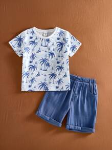 SHEIN Camiseta e shorts com estampa de coqueiro, roupa casual para meninos - Multicolorido - Ver 3
