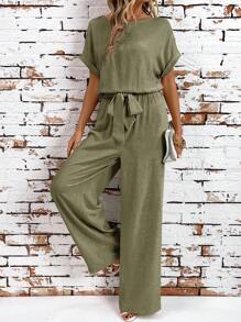 SHEIN Clasi Women's Spring/Summer Casual Solid Color Batwing Jumpsuit - Army Green - View 5