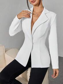 SHEIN PETITE Blazer de solapa con un solo botón para uso en la oficina, casual de negocios para mujer en otoño/invierno