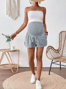 SHEIN Grey Maternity Casual Knitted Fabric Shorts With Adjustable Waistband For Comfortable Everyday Wear - Grey - View 4