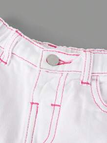 SHEIN Baby Girl Cute Pink Bow Embroidered Pattern Blue Denim Trousers , Jeans, Baby Girl Fall And Winter Clothes