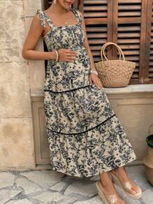 Lyckli Maternity Summer Vacation Full Print Halter Neck Tie Strap Dress Suitable For Summer - Black - View 7