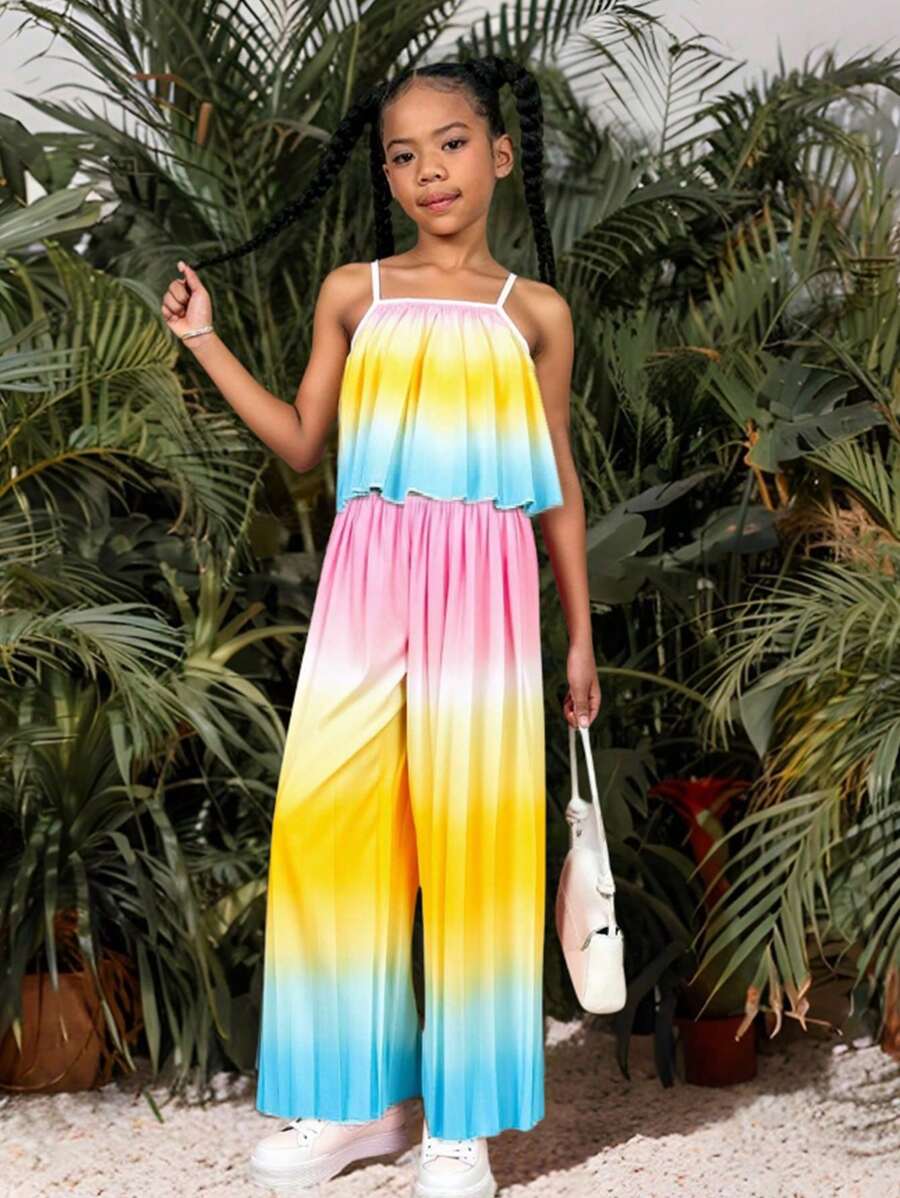 Girls Vacation Set Spaghetti Strap Wide Leg Pants Pleated Outfit, Rainbow Ombre Pleated Fabric, Suitable For Beach, Outdoor, Summer - Multicolor - View 1