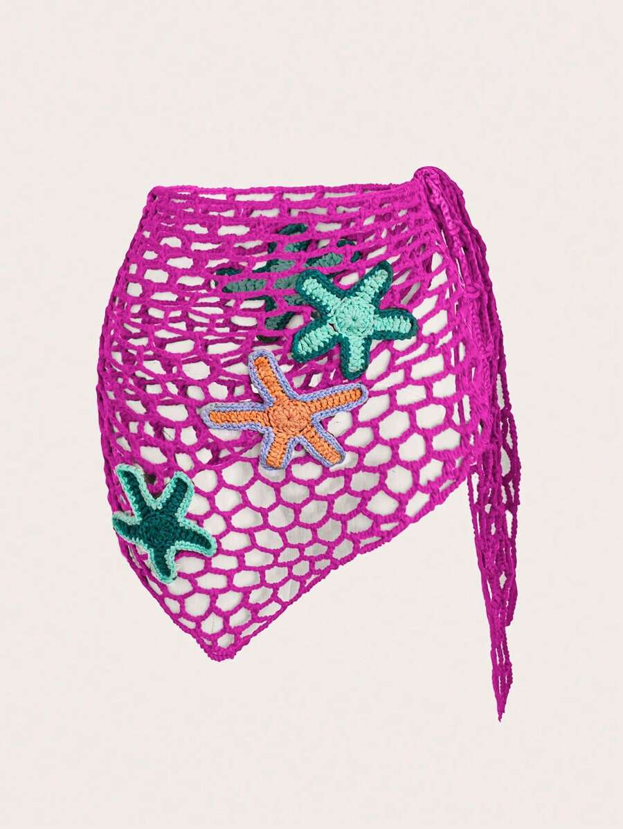 SHEIN Swim 全新性感开放式鱼网钩针编织 3D 海星海滩披肩，女士夏季罩衫 - 玫紅色 - 查看 1