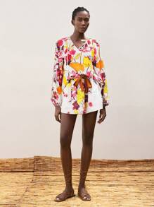 Maija Short en style bohème, à taille haute, doux, décontracté et respirant, avec motif floral. Convient pour les vacances d'été, les mariages et autres occasions. - Blanc - Voir 3