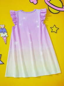 Nick 90s | SHEIN Young Girl Cartoon & Star Yellow & Purple Print Cute Short Sleeve Dress - Mauve Purple - View 6