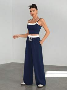 SHEIN Tall 2pcs/Set Contrast Color Camisole & Drawstring Waist Casual Pants Outfit - Navy Blue - View 5