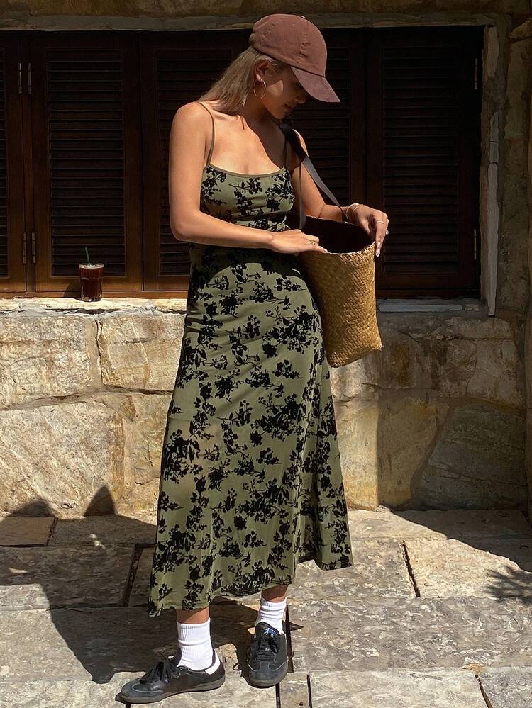 Women's Floral Print Pleated Casual Midi Slip Dress