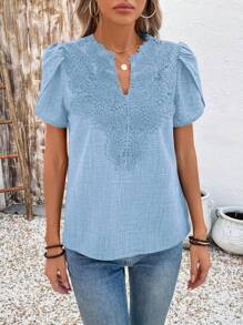 EMERY ROSE Women's Elegant Casual Collar Flower Patchwork Petal Sleeve Shirt