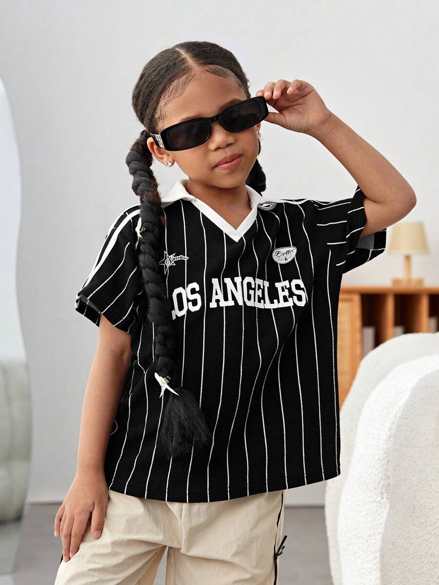 SHEIN Young Girl Black Contrasting Color Knit Oversized Casual T-Shirt,Short Sleeve Summer School Sport Youth Girls Shirts Clothing Sets Tops,Spring - Black and White - View 1
