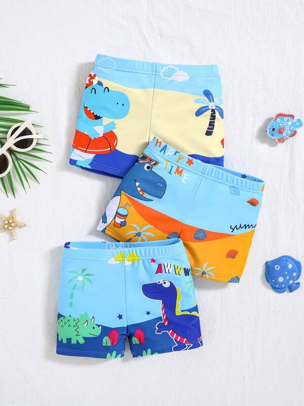 SHEIN Set de 3 piezas de shorts/traje de baño casuales y lindos con estampado de dibujos animados y cintura elástica para niños/niñas bebés, apropiados para usar en primavera/verano, en casa, salidas, viajes, playa, piscina, fiesta