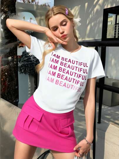 2pcs Teen Girl Spring/Summer Letter Print Short Sleeve T-Shirt And Skirt With Pockets Set, Cute & Lively For Casual Gatherings