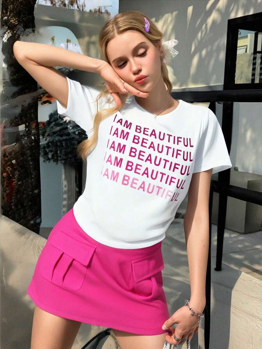 2 pièces Ensemble T-shirt à manches courtes et jupe avec poches, imprimé lettres pour adolescente, printemps/été. Mignon et dynamique pour des rassemblements informels - Multicolore - Voir 1