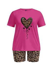 Slaydiva Lässig minimalistisches Set aus Leopardenmuster Herz Grafik T-Shirt und Leoparden Shorts, Große Größen - Verschiedenfarbig - Übersicht 4