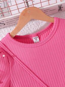 Tween Girl Solid Ribbed Faux Pearl Puffy Sleeve Dress With Heart Mini Bag - Hot Pink - View 6