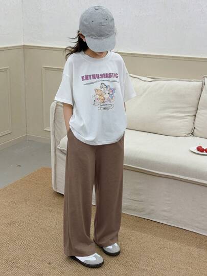 Dazy Kids 2 件套青少年女孩春夏套装：图形印花圆领短袖 T 恤 + 针织阔腿裤，返校服装