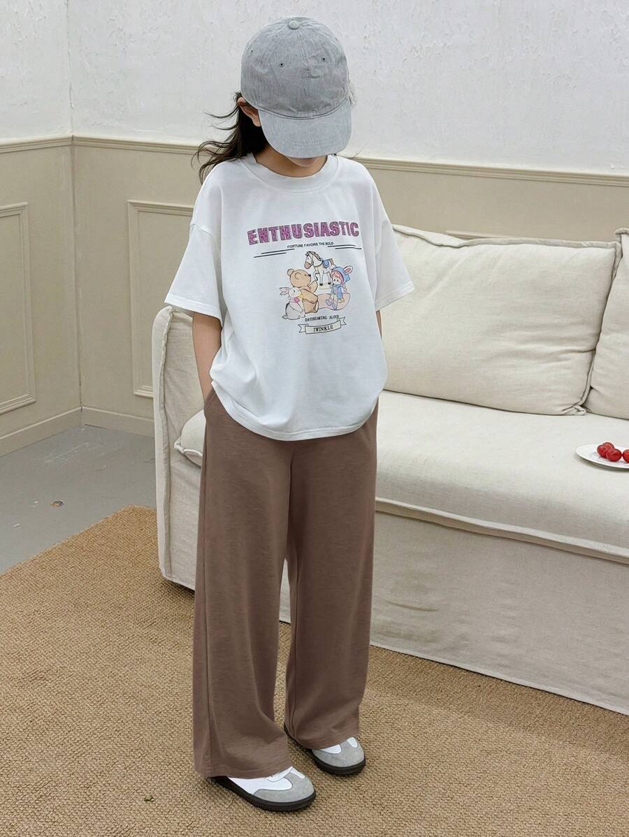 Dazy Kids 2 件套青少年女孩春夏套装：图形印花圆领短袖 T 恤 + 针织阔腿裤，返校服装