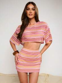 COSMINA 2pcs Women Set: Bat Print Short Sleeve Cropped Top And Body-Hugging Mini Skirt - Multicolor - View 6