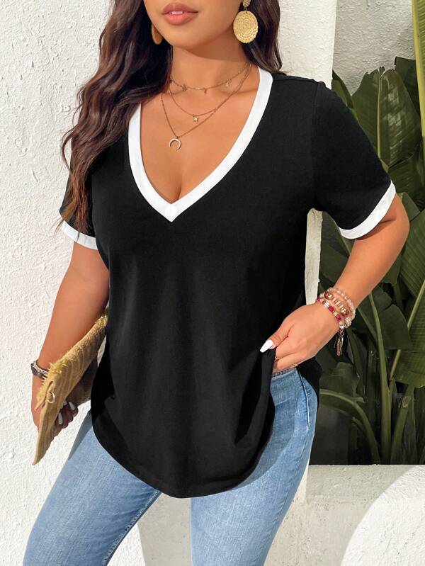 SHEIN Frenchy Plus Size Women V-Neck Short Sleeve Casual T-Shirt