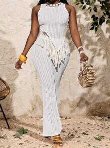 Slaydiva Bohemian Fringe Hem Tank Top & Flare Leg Pants Women Summer Beach Casual Set - B - White - View 3