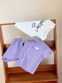 SHEIN 3 件套年轻男孩韩版宽松字母拼布衬衫、编织短裤和针织笑脸印花背心，适合春夏日常、运动、郊游、校园、派对、度假、拍照 - 紫色 - 查看 7