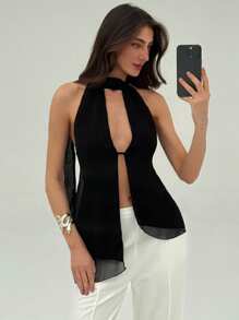 Aloruh Top con cuello halter y espalda descubierta, asimétrico y sexy para mujer