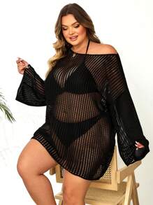 SHEIN CURVE+ Plus Size Women's Summer Beach Hollow Transparent Top (Bikini Set Not Included) Boho Vacation - Black - View 3