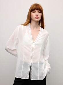 BizChic 女士春夏优雅雪纺花卉蕾丝拼布系带 V 领长袖衬衫，适合日常、工作、约会、通勤、度假