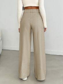 EURMUSE Women Solid Color High Waist Wide Leg Pants - Beige - View 2