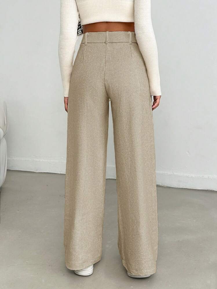 EURMUSE Pantalon large à taille haute de couleur unie pour femmes - Beige - Voir 2