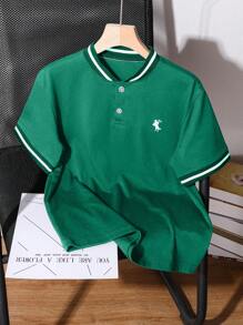 SHEIN Tween Boys Casual Fashion Small Horse Print Ribbed Collar Short Sleeve Polo Shirt