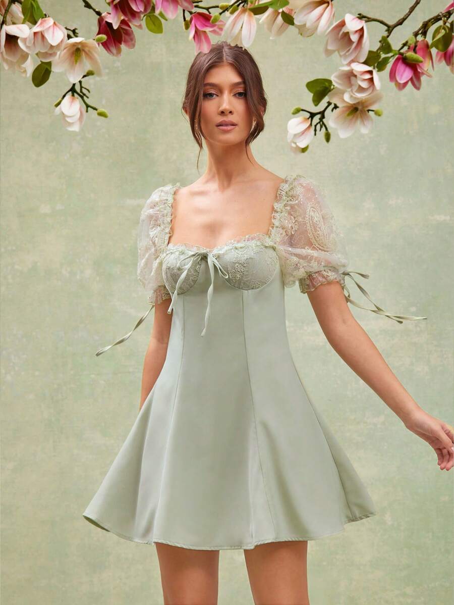 L'Amorae Vestido Floral Bordado Elegante de Mini Saia Evasê com Manga Bufante, Decote Princesa, em Tom Pastel de Sálvia, Vestido de Convidada de Casamento, Looks de Verão para Mulheres